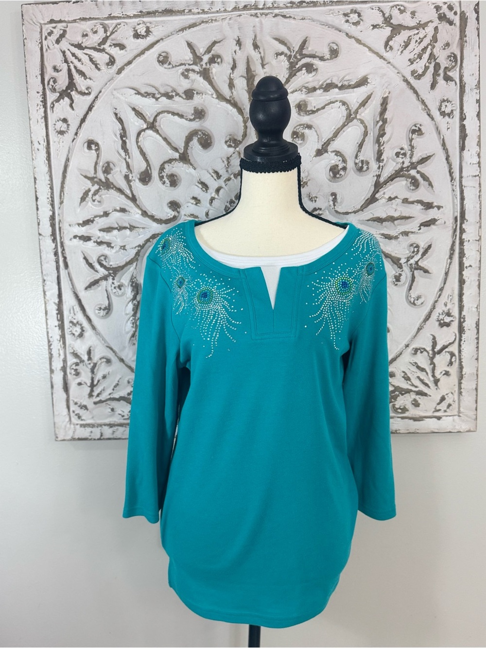 Embellished Teal Women's Top with Crystal Peacock Motif